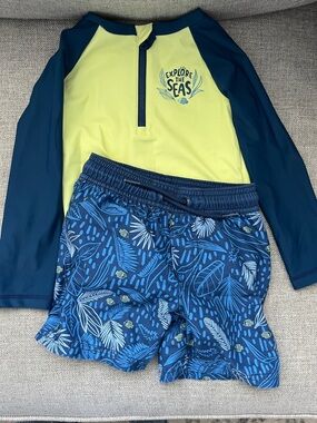 Carter's Lime & Navy Long-Sleeve Rashguard with Blue Patterned Swim Shorts
